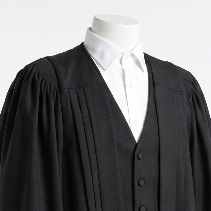 Close-up of the collar and pleated front of the barrister gown